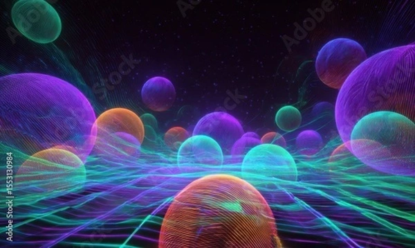 Fototapeta Vibrant abstract digital landscape with colorful spheres floating over a grid, evoking a cosmic feel
