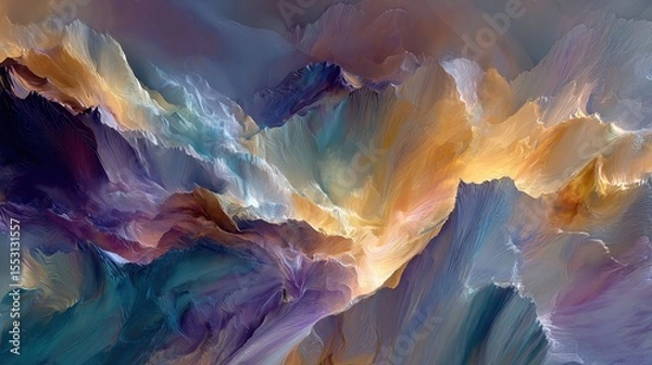 Fototapeta Abstract landscape showing vibrant colors and dynamic forms resembling mountains at sunset
