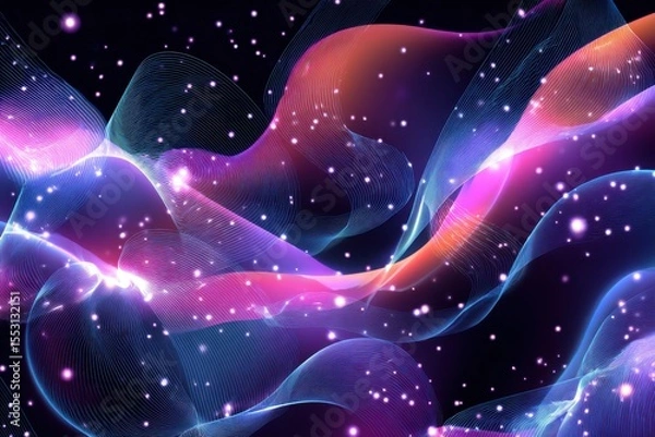 Fototapeta Abstract colorful waves of light and energy flowing through a dark cosmic space with stars
