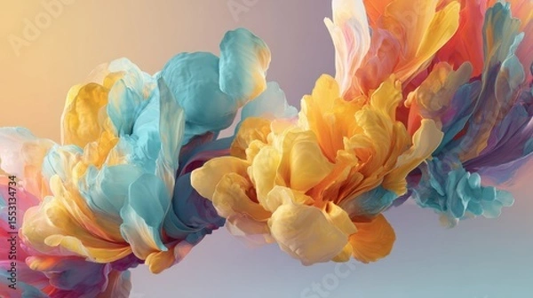 Fototapeta Vibrant abstract floral composition with swirling colors of blue, orange, and pink against a soft gradient background