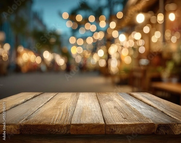 Fototapeta Rustic wooden table with blurred lights background for product placement and display