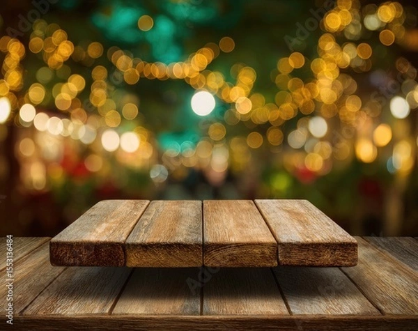 Fototapeta Wooden Table Top with Bokeh Lights Background for Product Display and Presentation