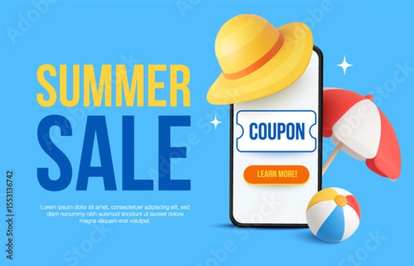 Fototapeta 3d travel banner template with mobile phone, beach hat, umbrella and pool ball, isolated on background. Summer sale banner template in 3d vector. Vector illustration