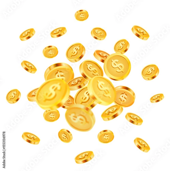 Fototapeta 3d unlimited flying golden coins with dollar sign, isolated on white background. Coin background in 3d vector. Vector illustration