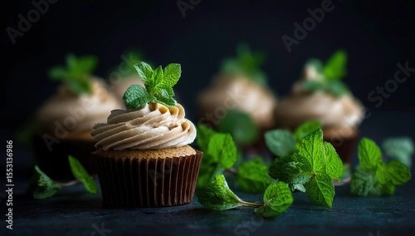 Fototapeta Elegant Cupcakes with Cream Frosting and Fresh Mint Leaves on a Dark Surface