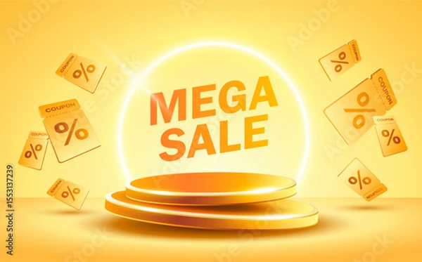 Fototapeta 3d Flash sale banner template with unlimited coupons flying around a stage or podium, isolated on yellow background. 3d discount banner in vector illustration. Vector illustration