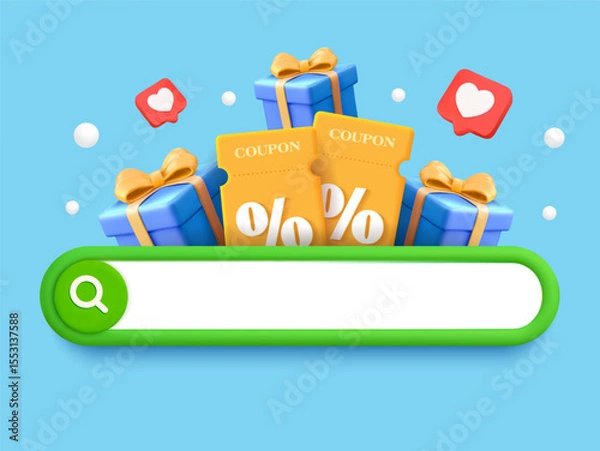 Fototapeta 3d coupon and gift search banner template with search bar, gift boxes, coupons and heart textbox icons, isolated on background. Discount search concept in 3d vector. Vector illustration