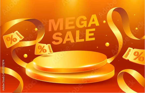 Fototapeta 3d Flash sale banner template with unlimited golden coupons and ribbons flying around a stage or podium, isolated on red background. 3d discount banner in vector illustration. Vector illustration