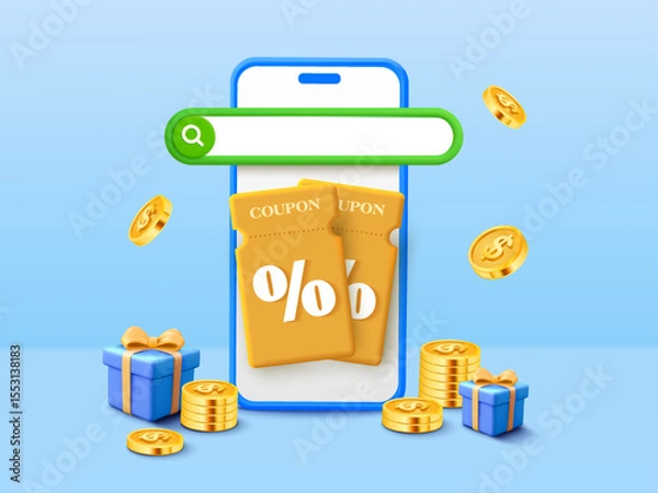 Fototapeta 3d gift voucher search banner template with search bar on a phone with coupon, gift boxes and golden coins flying around. Vector illustration