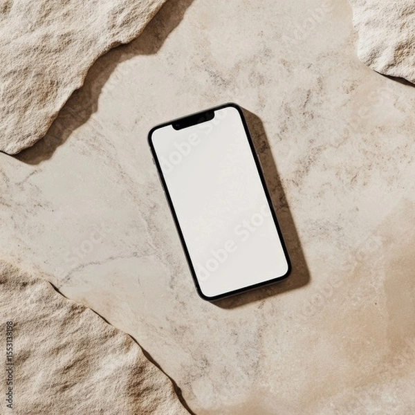 Fototapeta Smartphone on beige stone surface with blank screen for design mockup