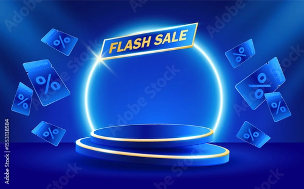 Fototapeta 3d Flash sale banner template with unlimited coupons flying around a stage or podium, isolated on background. 3d discount banner in vector illustration. Vector illustration