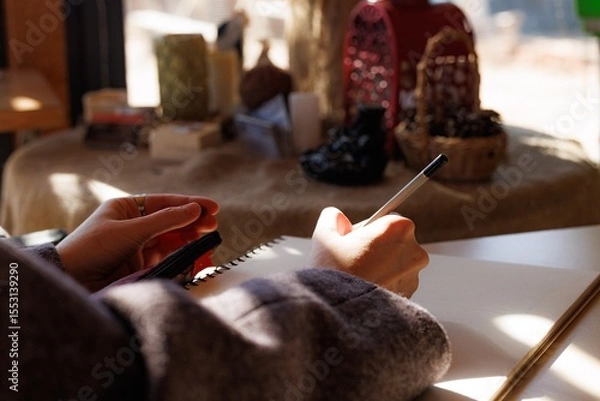 Fototapeta Hands clutch a notebook and pen, capturing thoughts in an inviting, warm atmosphere filled with creativity.