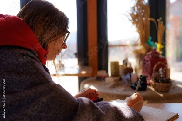 Fototapeta Artist sketches passionately in a warm studio, sunlight filtering through large windows creating a serene atmosphere.