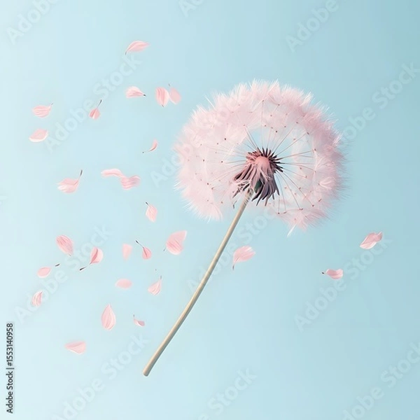 Fototapeta Delicate dandelion in bloom with floating petals on pastel blue background. Dreamy and artistic composition featuring a soft pink dandelion with petals gently floating in the air.