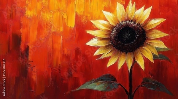 Fototapeta A vibrant sunflower with bright yellow petals and a dark center stands against a textured warm orange and red background, evoking feelings of warmth and energy