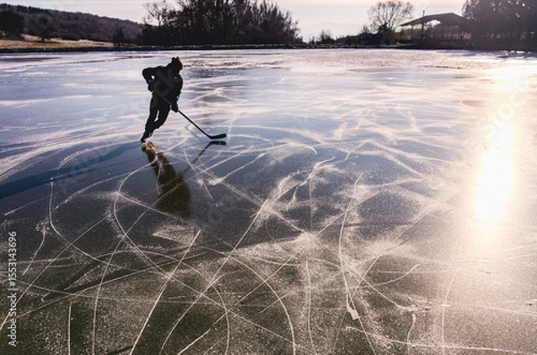 Fototapeta A man is skating on a frozen lake and is holding a hockey stick