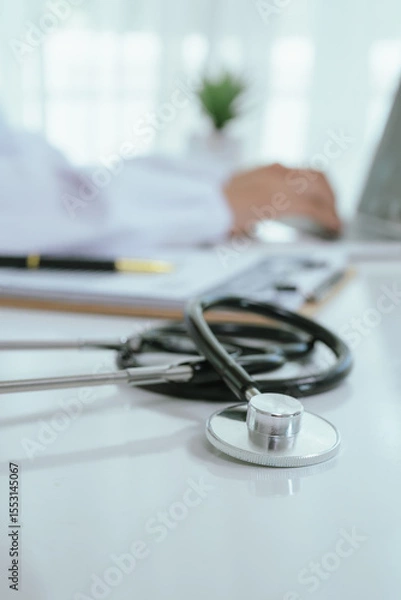 Fototapeta A professional in a white coat writes on a clipboard while using a laptop, suggesting healthcare administration, medical documentation, or online consultation.