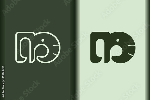 Obraz Vector of elephant logo design curve linear and silhouette icon minimal style. Creative simple animal on green background for artwork. Modern flat icon elephant head shape graphic illustration.