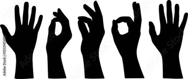 Obraz Black hand silhouettes showing different hand gestures on a white background including open palm and O K sign