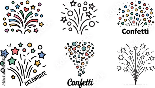 Obraz Celebration confetti and starry elements vector and line art icon set