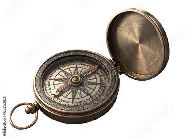 Fototapeta Antique brass compass with lid open isolated on transparent background