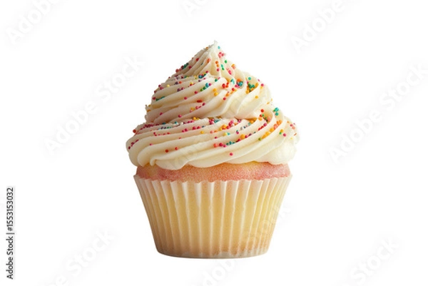 Fototapeta Vanilla Cupcake with Colorful Sprinkles Swirled Frosting Isolated on a transparent background image