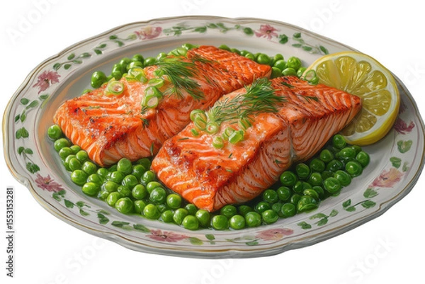 Fototapeta Two Pan Seared Salmon Fillets with Peas and Dill Garnish on Ornate Plate isolated on a transparent background