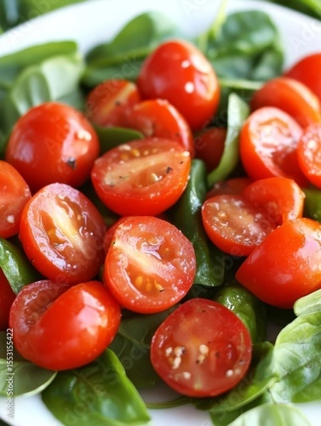 Fototapeta Vibrant red cherry tomatoes, some halved, scattered on a bed of fresh green salad leaves, showcasing healthy ingredients for a nutritious meal