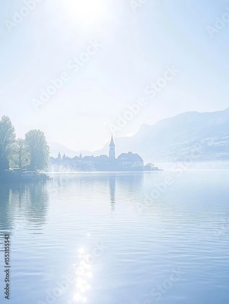 Fototapeta A serene alpine lake with a silhouetted church and village nestled against misty mountains, creating a dreamlike and tranquil atmosphere
