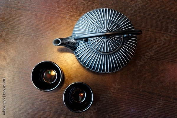 Fototapeta A beautifully crafted cast iron teapot sits beside two delicate tea cups, inviting a moment of calm reflection.