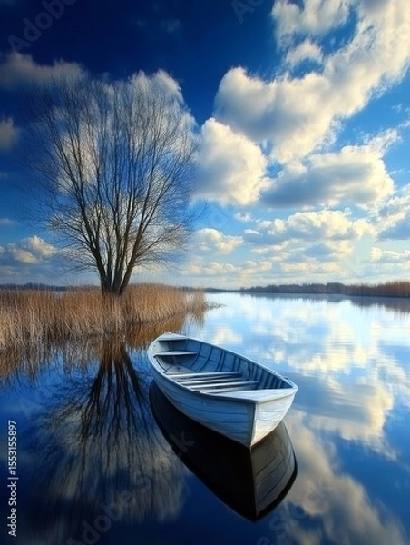 Fototapeta A calm lake reflecting a cloudy sky, with a solitary tree and a small boat in the foreground, creating a peaceful and contemplative scene