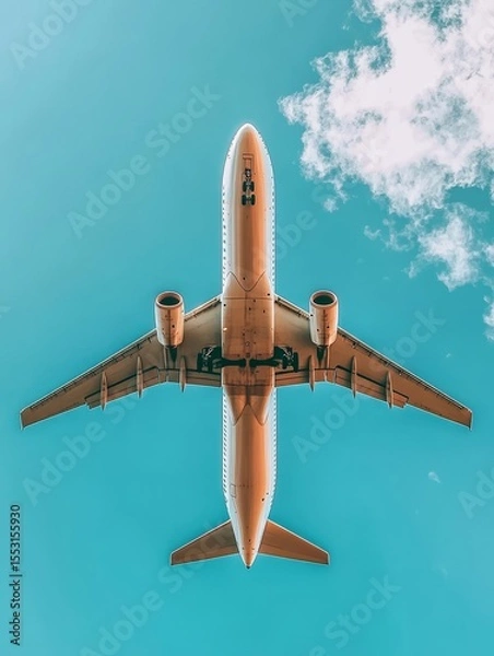 Fototapeta Commercial airliner soaring through a pristine turquoise sky with fluffy white clouds, showcasing the beauty of air travel and modern aviation technology