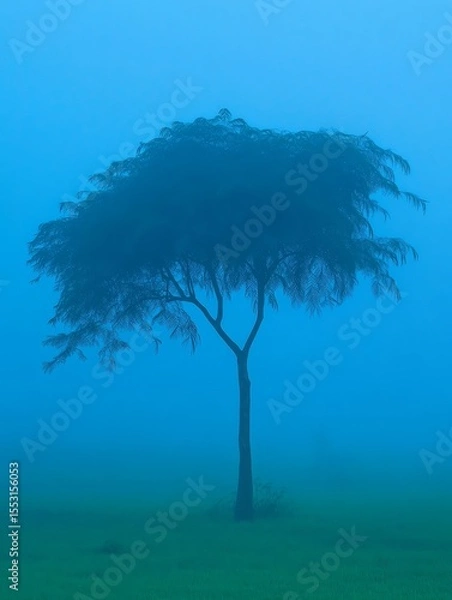Fototapeta Ethereal silhouette of a solitary tree with delicate branches against a hazy blue background, creating a dreamlike and mysterious atmosphere