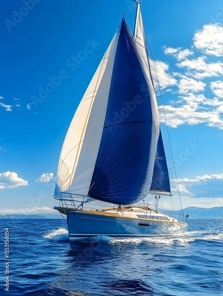 Fototapeta Elegant sailboat with white and blue sails gliding across calm azure waters under a clear sky, embodying luxury marine leisure and nautical adventure