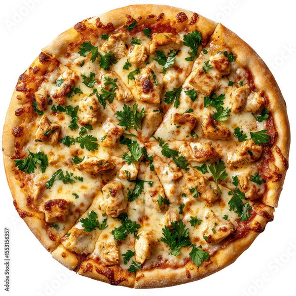 Fototapeta Chicken Pizza with Parsley and Melted Cheese Isolated on a Transparent Background food