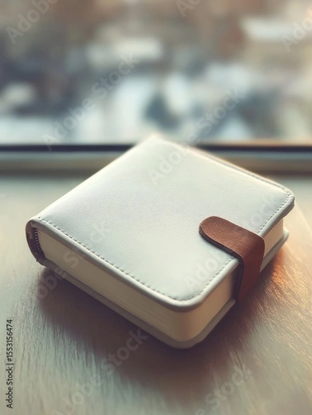 Fototapeta A stylish white leather bound notebook with a brown strap closure, placed on a wooden surface near a window, symbolizing organization and creativity