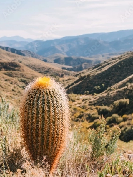 Fototapeta A vibrant golden barrel cactus in the foreground of a vast, arid mountain landscape, showcasing the beauty and resilience of desert flora