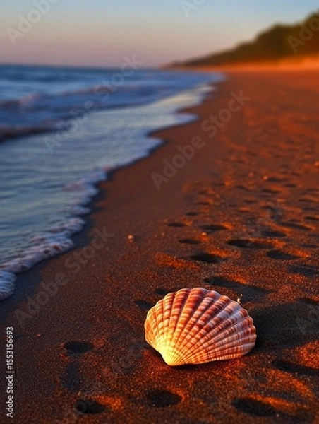 Fototapeta Vibrant seashell on sandy beach illuminated by warm sunset light, with gentle waves and colorful sky in the background. Perfect blend of nature's beauty