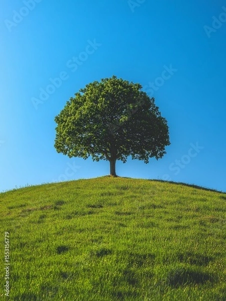Fototapeta Solitary tree with lush green foliage atop a grassy hill against a vivid blue sky, symbolizing growth, strength, and natural beauty in a minimalist landscape