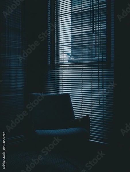 Fototapeta A dimly lit room with light filtering through venetian blinds, creating a mysterious and atmospheric ambiance. An armchair silhouette adds depth to the scene