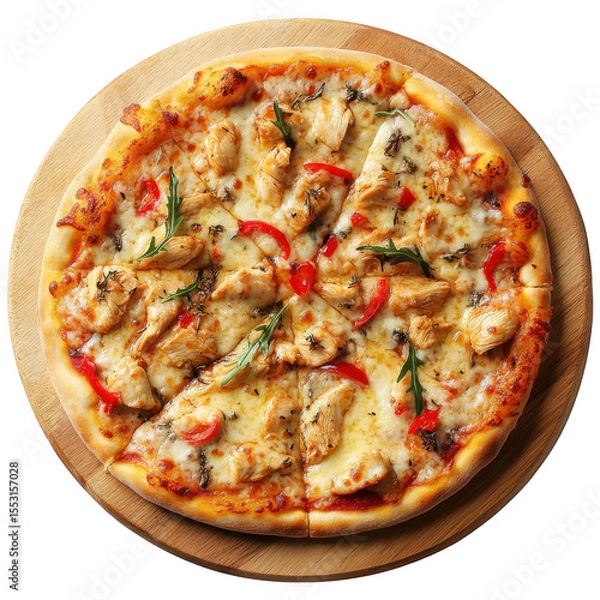 Fototapeta Chicken Pizza with Red Peppers and Arugula Isolated on a transparent background image