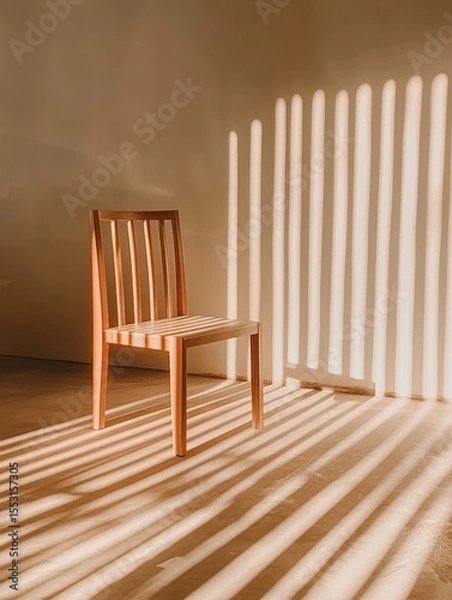 Fototapeta A minimalist wooden chair in a sunlit room, casting long parallel shadows on the floor, creating a striking geometric pattern