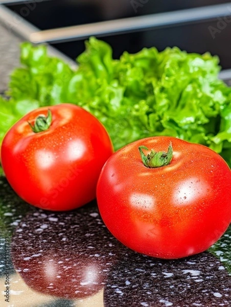 Fototapeta Two ripe, juicy tomatoes with water droplets, placed in front of crisp green lettuce leaves on a dark surface, showcasing fresh ingredients