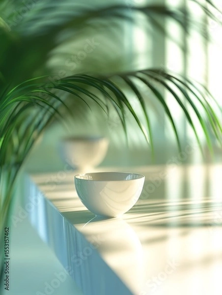 Fototapeta A minimalist composition featuring a white ceramic bowl on a reflective surface, with soft shadows from palm leaves creating a serene, tropical ambiance