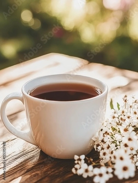 Fototapeta A white cup of tea sits on a rustic wooden table, accompanied by delicate white flowers. The background is blurred, creating a warm and inviting atmosphere