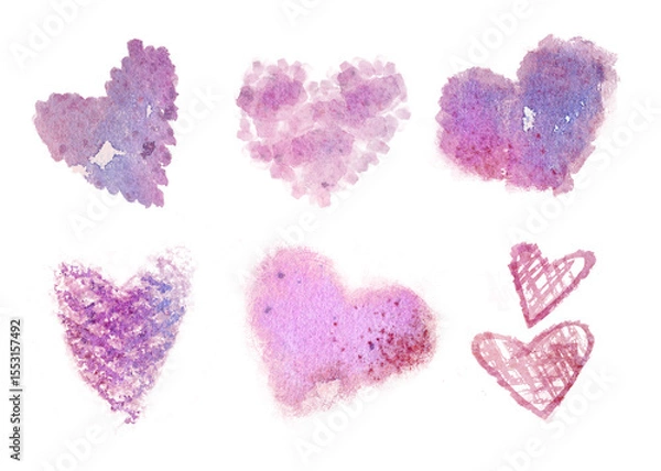 Fototapeta A collection of charming pink hearts for design. Hearts on a white background for creative design of cards, postcards, invitations