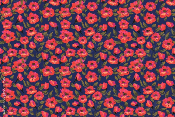 Fototapeta Seamless vector floral pattern with expressive red brushstroke flowers on a depp navy background. Artistic and bold, template for fabric, fashion design, and surface prints