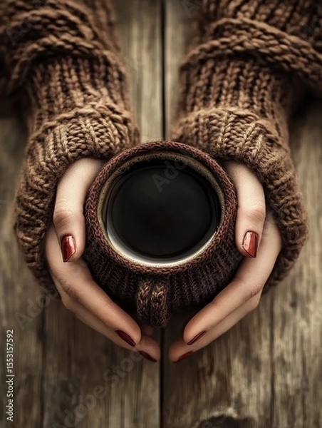 Fototapeta Female hands with red nails hold a coffee mug wrapped in a brown knitted cozy. The hands are clad in warm, chunky knit sleeves, creating a comforting winter mood
