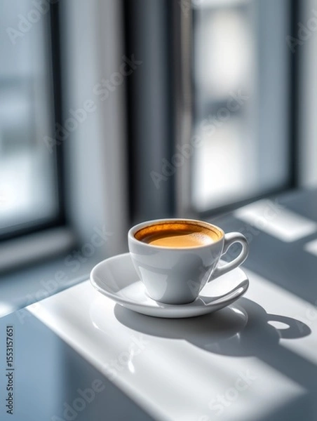 Fototapeta A white coffee cup with saucer sits on a windowsill, casting a long shadow. Bright sunlight streams in, creating a serene and contemplative morning atmosphere
