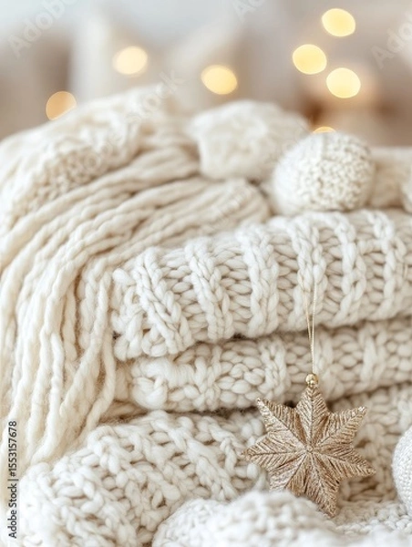 Fototapeta Soft, cream colored knitted textures with a golden star ornament. Bokeh lights in the background create a warm and festive winter atmosphere